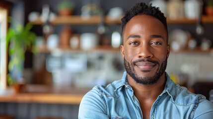 Fototapeta premium A portrait of a young man in a blue denim shirt, looking directly at the camera with a confident smile