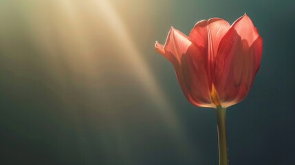 Fototapeta premium A close-up view of a single tulip in full bloom, its intricate details illuminated by the warm rays of the morning sun.