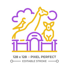Zoo life exhibition pixel perfect two color line icon. Zoological park, wildlife preservation. Animal habitats. bicolor outline symbol. Duotone linear pictogram. Isolated illustration. Editable stroke