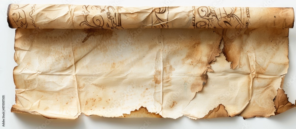 Fototapete Close-up of an ancient scroll design on a white background with copy space image for a medieval manuscript concept.
