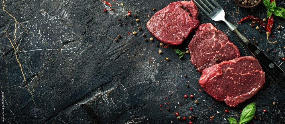 Poster dark stone background with copy space image showcasing raw beef steaks, a fork, and spices.
