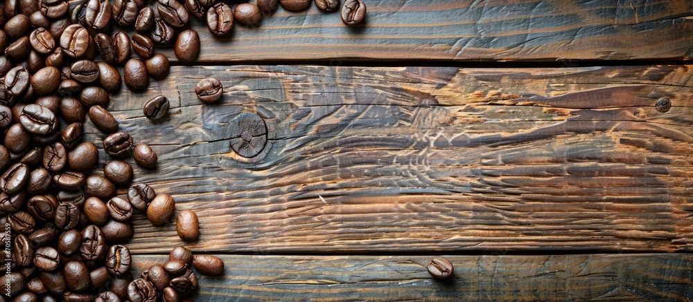 Aufkleber Coffee beans displayed on a rustic wooden surface, with open area for additional content known as a copy space image.