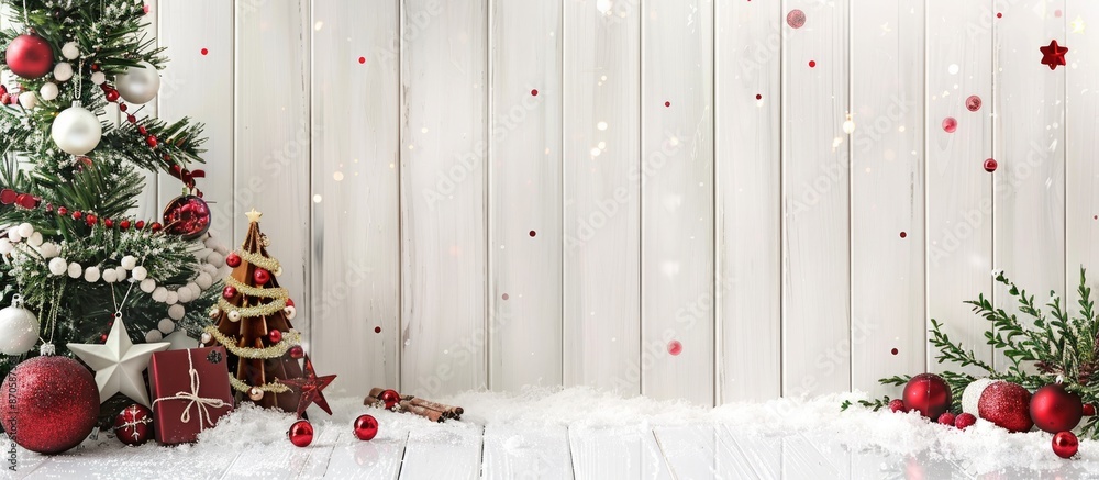 Poster christmas holiday art composition with festive decorations on a white wooden background, including a