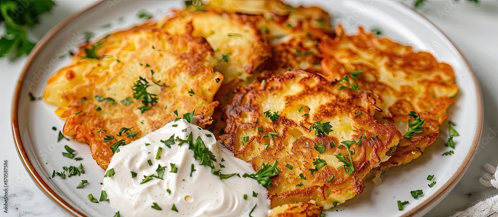 Poster close-up image of belarusian potato pancakes on a white plate with white sour cream and green herbs,