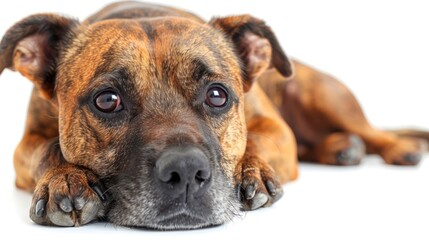Obraz premium A brindle Staffordshire Bull Terrier rests with its chin on the floor, its eyes looking thoughtfully at the camera