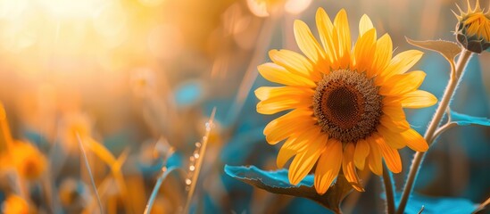 Fototapeta premium Close-up of a vibrant yellow sunflower blossoming in a field during sunset, providing a colorful and symbolic copy space image.