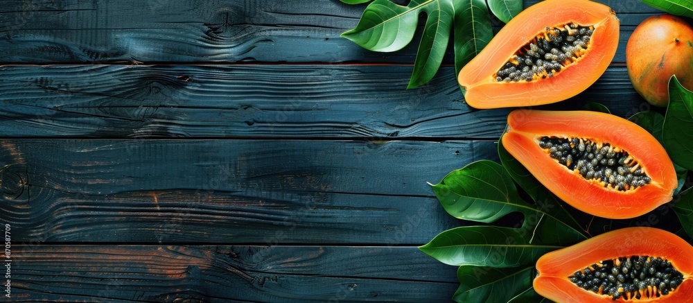 Poster Dark wooden backdrop with papaya slices from above, presenting an expansive copy space image as a focal point.