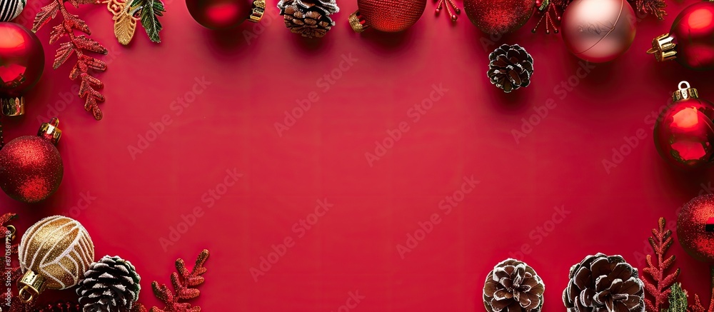 Aufkleber festive christmas decorations arranged neatly on a red backdrop with ample copy space for text or im
