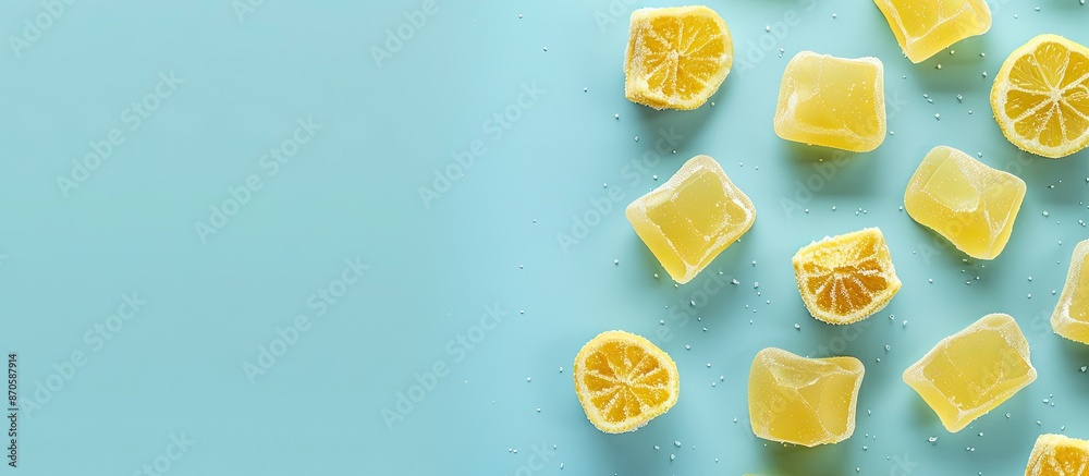 Poster Delectable lemon gum on a soft blue backdrop with room for text in the image. image with copy space