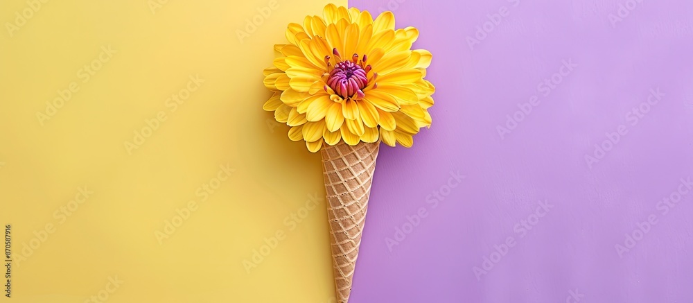Poster Chrysanthemum flower in a waffle cone displayed on a colorful purple and yellow background in a top-down flat lay style with copy space image.
