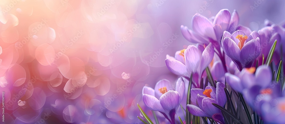 Poster Blurry background with lovely spring crocus flowers, perfect for adding text in the copy space image.