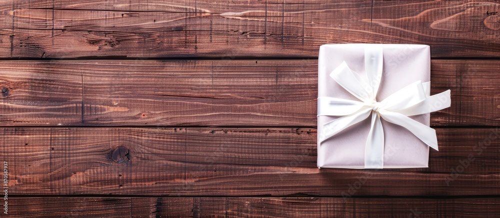 Poster Bright wooden table with a white gift box featuring a mock up and copy space image in a top view.