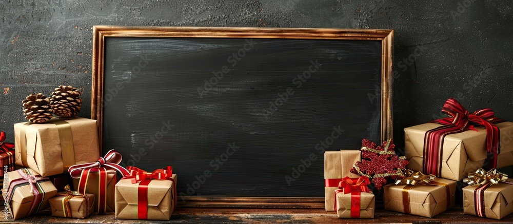 Leinwandbilder Blackboard positioned near festive gift boxes with empty space for writing or displaying, ideal for customization or greetings. image with copy space