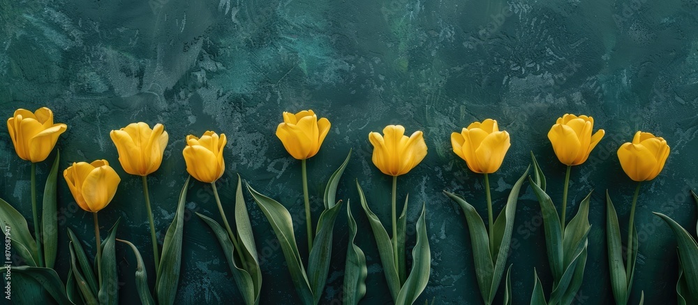 Poster aerial view of vibrant yellow tulips arranged on a green surface creating a captivating copy space i