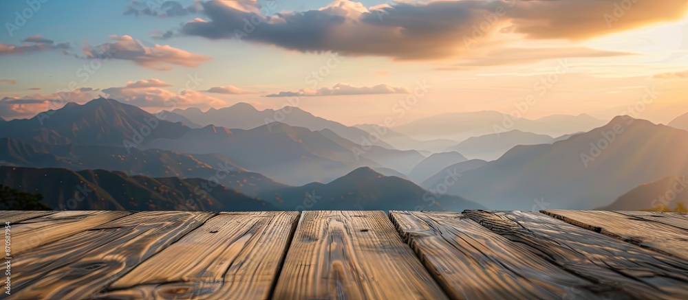 Poster background of blurred sky and mountains enhances beauty of wooden table in the image with a copy spa