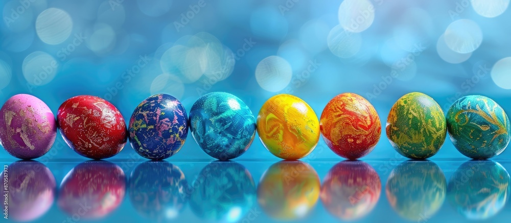 Aufkleber Colorful Easter eggs with reflections on a blue backdrop create a mystical Easter theme, offering ample copy space for additional elements.