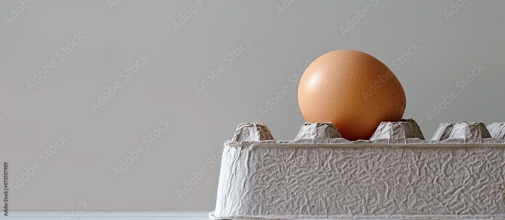 Poster close-up of a fresh chicken egg on an egg box against a white background, including a fragile egg sh