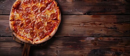 An appetizing American pizza on a vintage wooden board with a top view, perfect for summer vacation, featuring a copy space image.