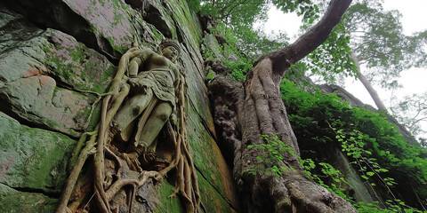 Ancient Stone Carvings Intertwined with Nature in a Serene Forest Setting