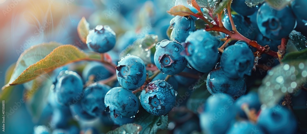 Poster blueberries at peak ripeness on the bush with copy space image.