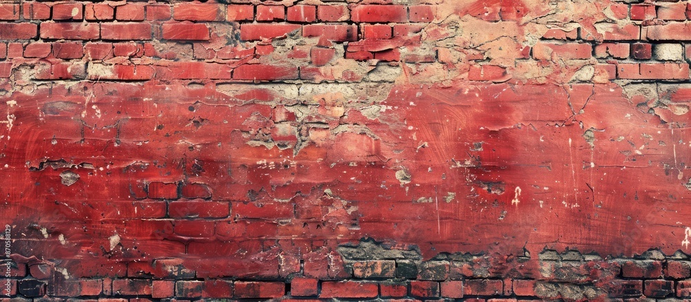 Poster An aged, empty brick wall with a distressed, grungy red stonewall background offers a shabby building facade with damaged plaster, perfect for an abstract web banner with copy space image.