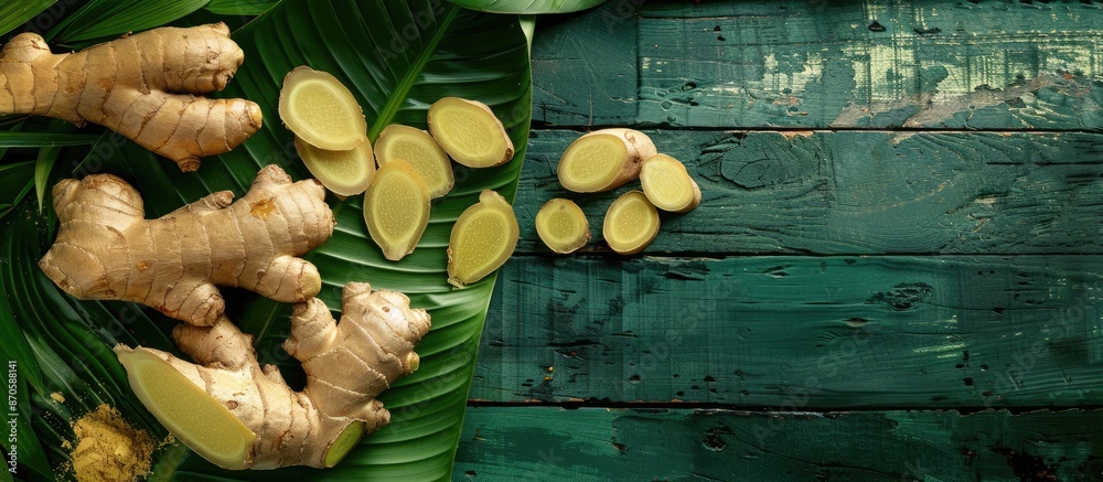 Aufkleber asian herb concept with fresh ginger root and slices placed on a green leaf backdrop on a wooden tab