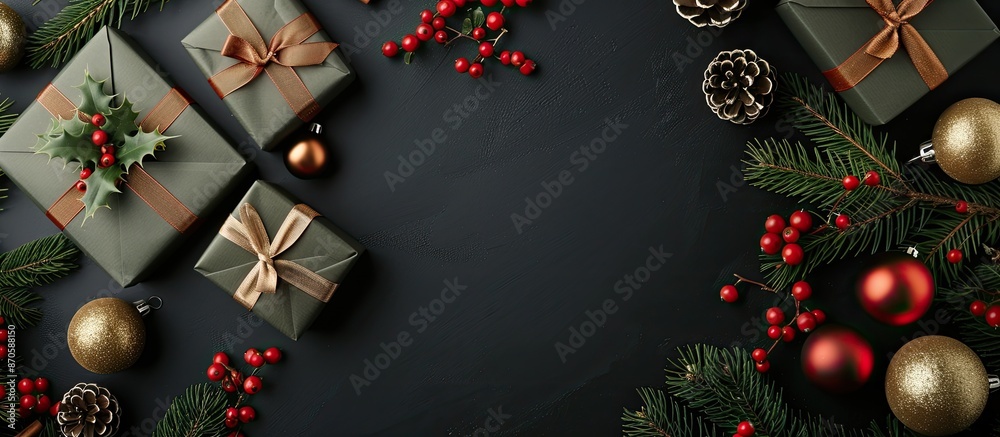Poster black background with ample space for text alongside greeting card and christmas decor image opportu