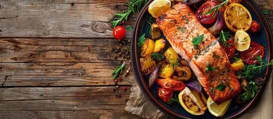 Delicious air-fried salmon and veggies on a rustic wooden table - top view with copy space image for your text. Enjoy healthy meals cooked in an air fryer.