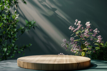 Beautiful round wooden empty podium with space for a product with plant elements soft flowers 