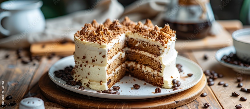 Poster coffee cake garnished with coffee beans, creating a delightful aesthetic with a copy space image.