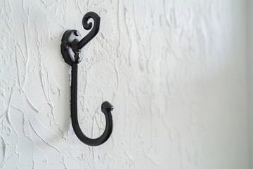 Black metal cloth wall Hanger, one hook isolated on white background. Top view. Mock-up. Iron clothes hook is mounted on a light wall. Ideal for hanging clothes