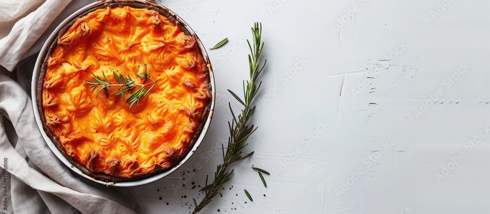 Poster An overhead view of a classic shepherd's pie on a white backdrop showcasing rustic elements, emphasizing English culinary traditions with copy space image.