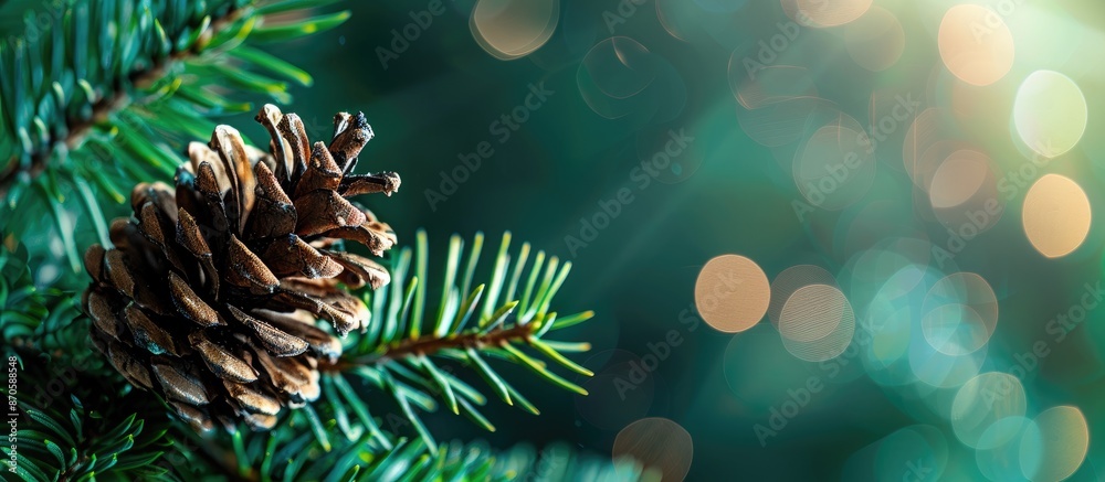 Poster close-up image of a pinecone on a spruce against a lush green backdrop, symbolizing christmas and ne