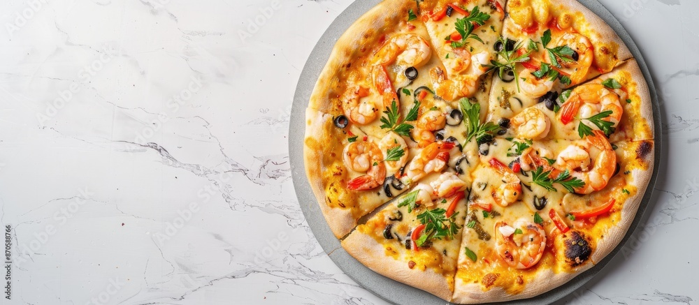 Poster flat lay of delectable seafood pizza on a light grey marble surface with ample copy space for text i