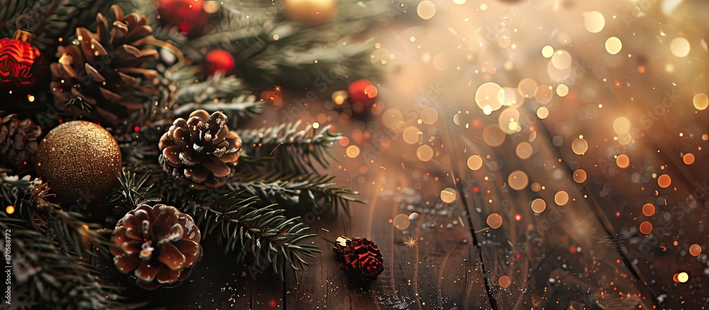 Poster design for christmas banner or greeting card featuring fir branches on a wooden backdrop adorned wit