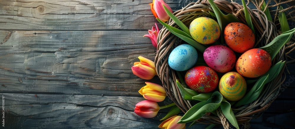 Poster colorful easter eggs and a tulip bouquet in an easter basket on a textured wooden table, representin