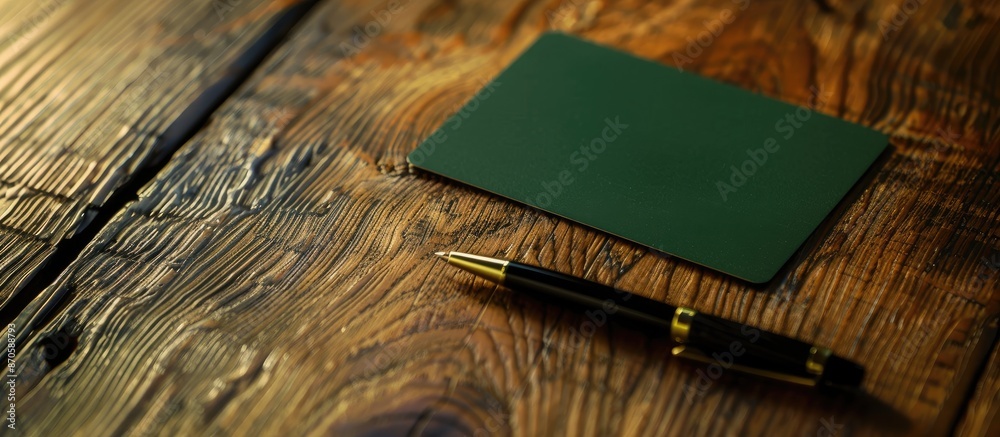 Poster elevated view of a green card and pen on a textured wooden desk, offering a copy space image for you