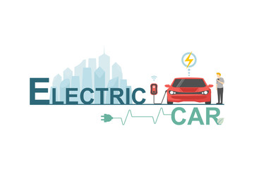 Naklejka premium Electric car connected plug in charging station, Innovative smart vehicles energy saving and environmental protection, Renewable energy, Sustainable ecology and Technology for Green city low carbon.