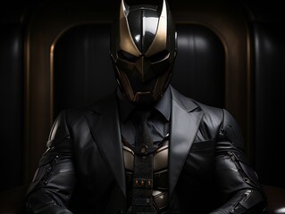 A man in a sophisticated armored suit resembling a superhero costume sits in a leather chair.