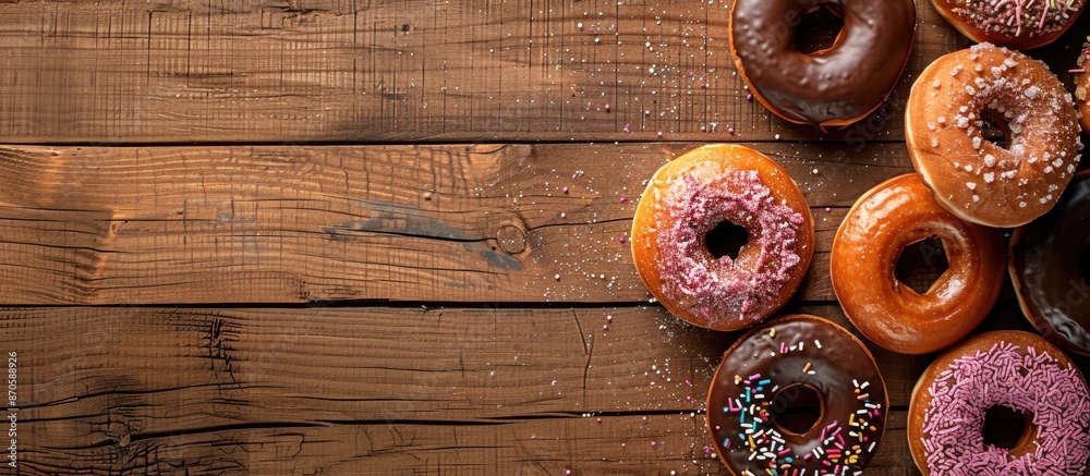 Poster Donuts arranged on a wooden backdrop with space for adding text or elements in the picture - copy space image.