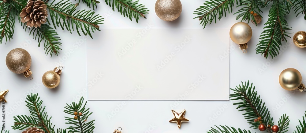 Aufkleber Christmas-themed setup featuring a blank paper surrounded by Christmas tree branches and golden ornaments on a white backdrop, ideal for top-view photography with copy space image in a square format.