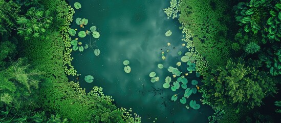 Fototapeta premium An aerial perspective shows a lake adorned with lush plant life forming a green tapestry, with a single boat path. Among the water surface are floating lily pads and aquatic plants, providing copy