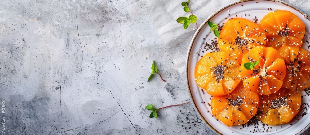 Poster Flat lay of a tasty dessert featuring persimmon and chia seeds on a table with ample space for text alongside the image.