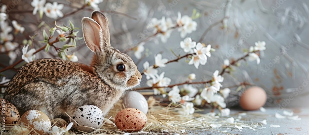Poster easter-themed decor featuring a rabbit, eggs, and fresh spring blossoms, with space for adding image