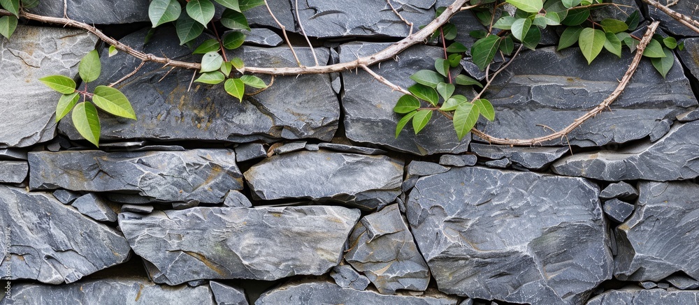Poster Copy space image of a grey stone wall with varied stone sizes, featuring a branch adorned with green leaves.