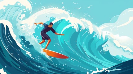 Adventure sports, surfing waves, ocean adventure, flat design illustration,