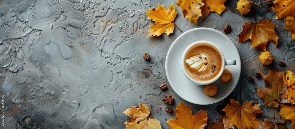 Poster Autumnal decor as a backdrop for espresso in a composition with copy space image.