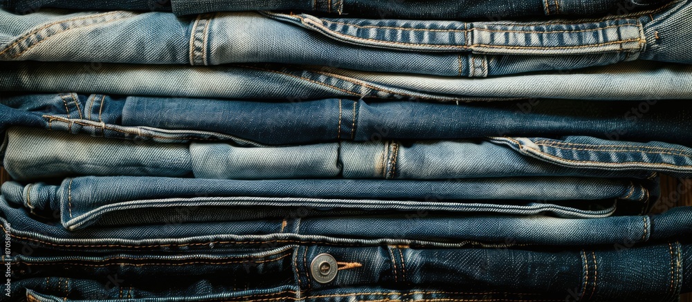 Poster Denim jeans stacked neatly in a display with copy space image.