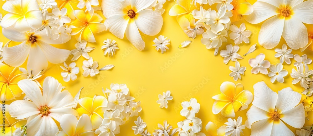 Poster blooming concept featuring white and yellow flowers on a colorful paper background, presenting a fla
