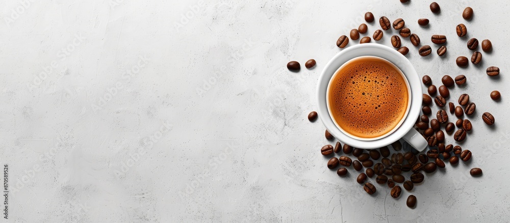 Poster espresso cup on rustic table with coffee beans and copy space image, as well as an espresso cup on a